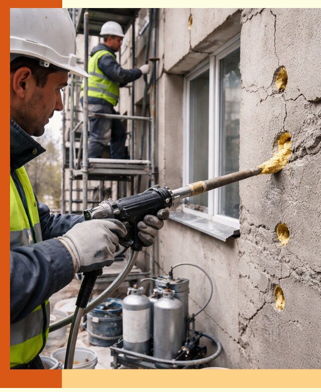 Заполнение пустот в фасаде и утепление стен в Клинцах